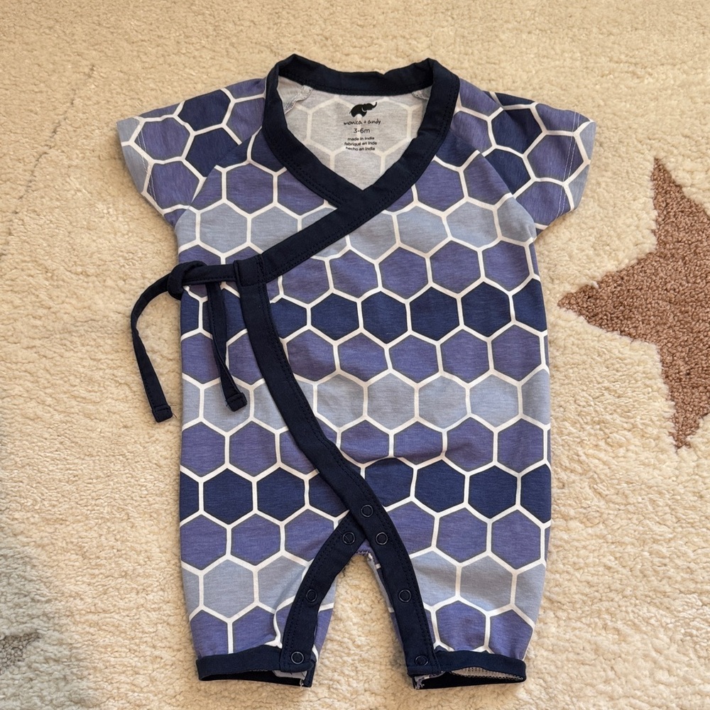 Monica and Andy Hexagon-Print Navy Wrap Baby One-Piece Footie
